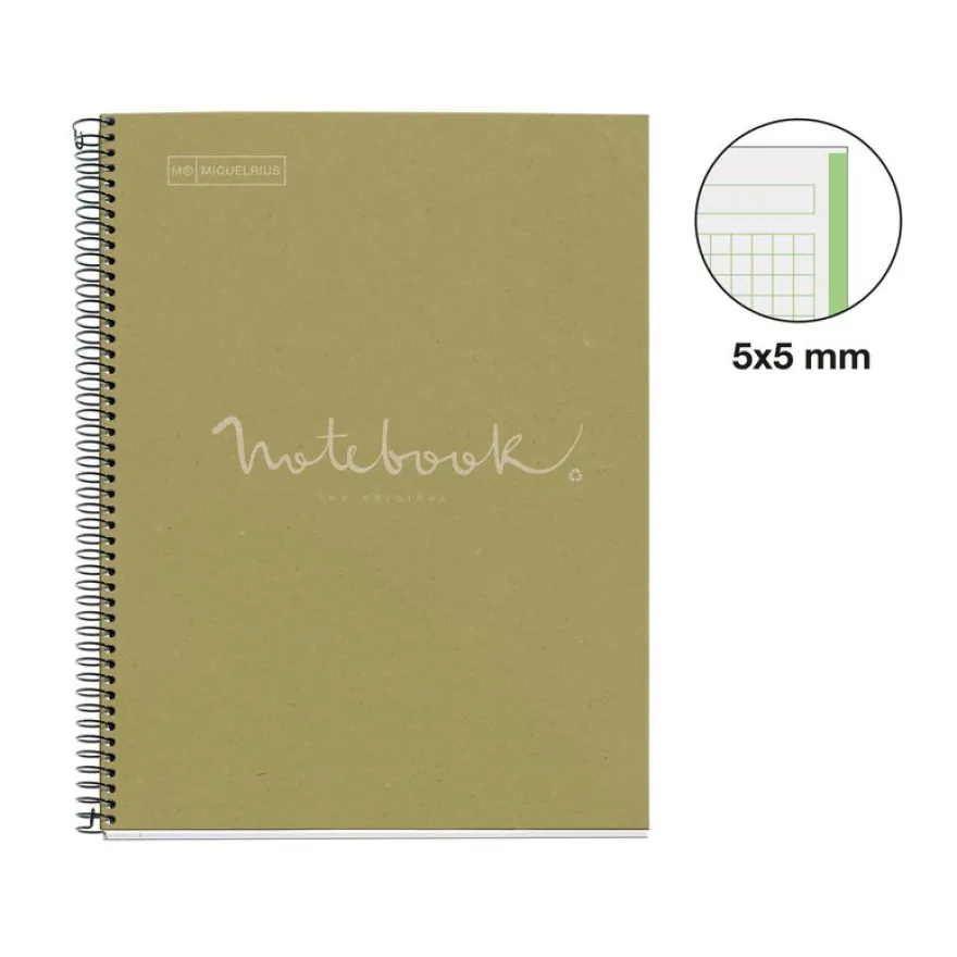 Notebook Eco Emotions, Carton recyclé, A4, quadrillage 5x5 mm, 80 feuilles de 1 couleur, Miquelrius, Vert.