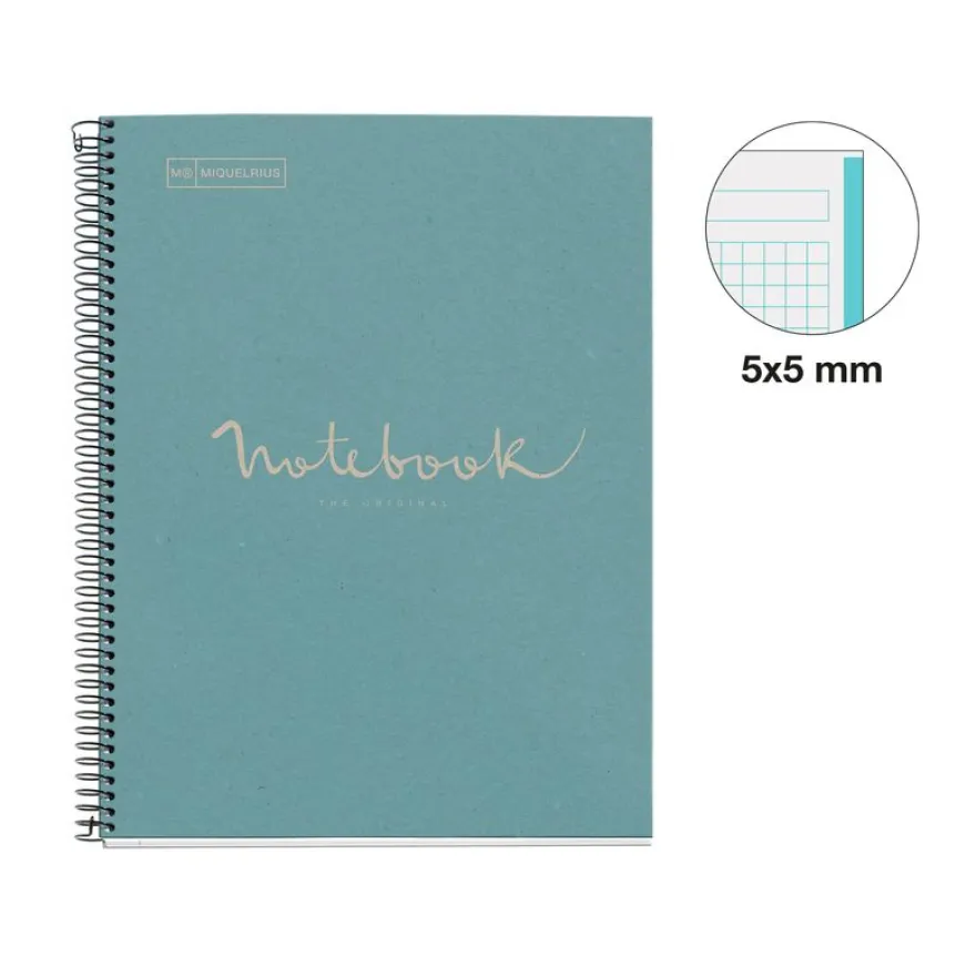 Notebook Eco Emotions, Carton recyclé, A4, quadrillage 5x5 mm, 80 feuilles de 1 couleur, Miquelrius, Bleu.