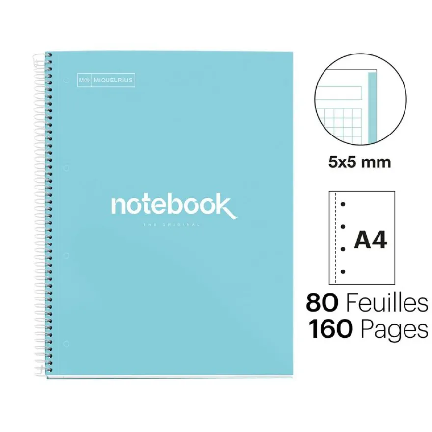 Notebook Emotions, Couverture rigide, A4, quadrillage 5x5 mm, 80 feuilles de 1 couleur, Miquelrius, Bleu Ciel.