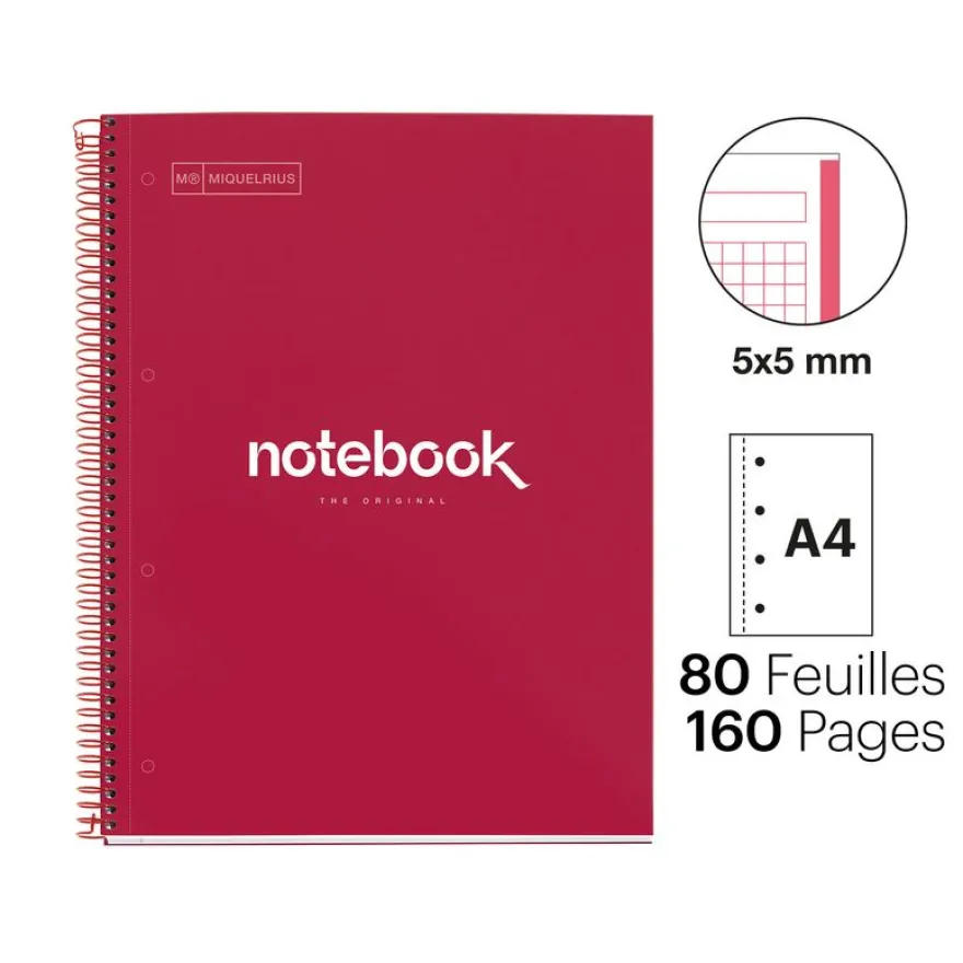 Notebook Emotions, Couverture rigide, A4, quadrillage 5x5 mm, 80 feuilles de 1 couleur, Miquelrius, Rouge.