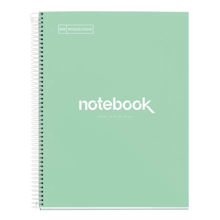 Notebook Emotions, Couverture rigide, A4, lignes horizontales 7 mm, 120 feuilles de 5 couleurs, Miquelrius, Menthe.