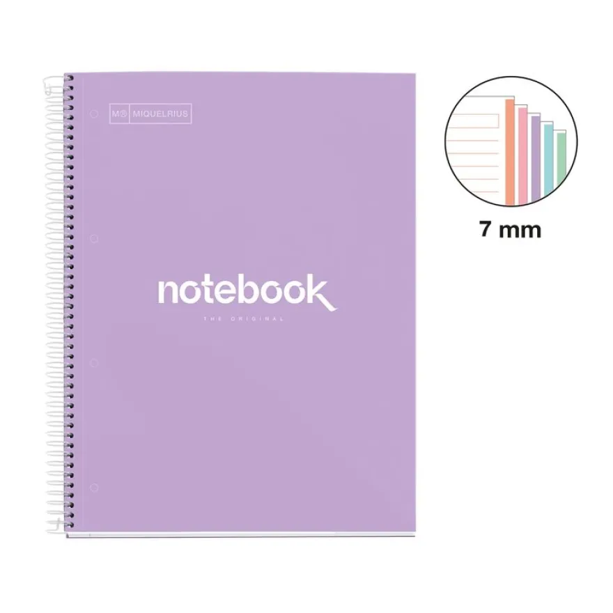 Notebook Emotions, Couverture rigide, A4, lignes horizontales 7 mm, 120 feuilles de 5 couleurs, Miquelrius, Lavande.