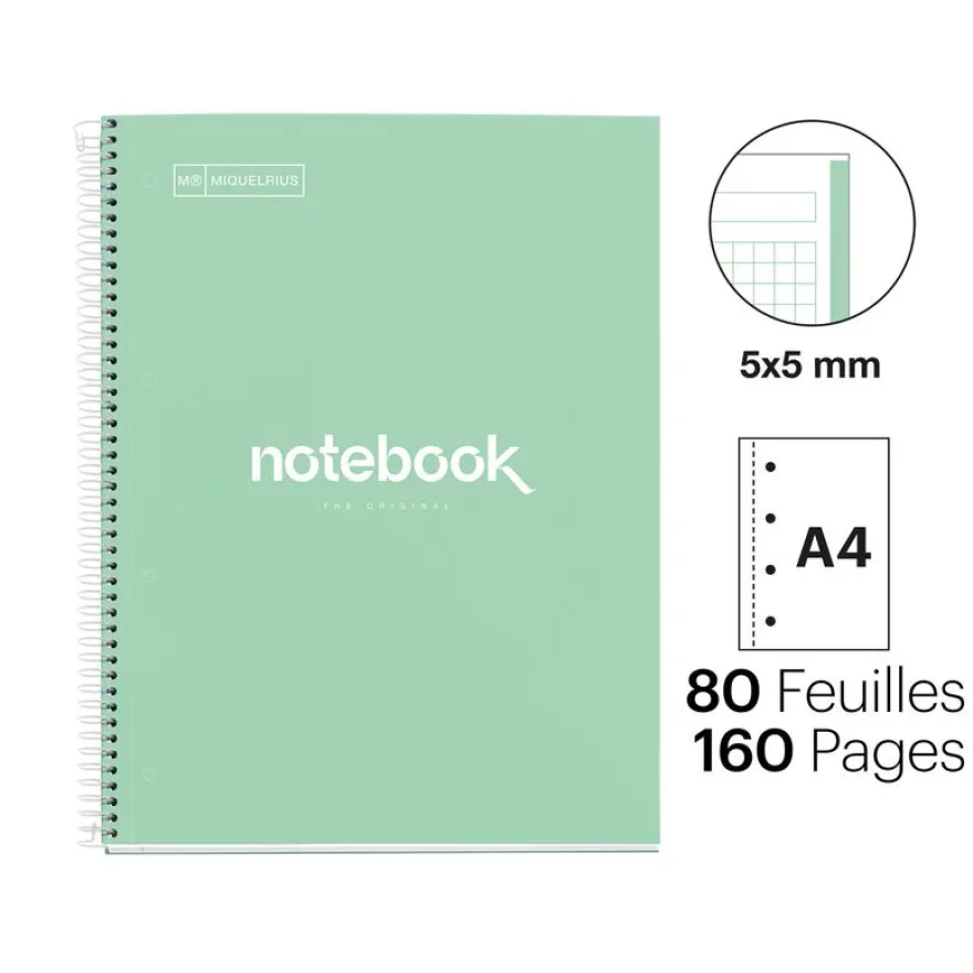 Notebook Emotions, Couverture rigide, A4, quadrillage 5x5 mm, 80 feuilles de 1 couleur, Miquelrius, Menthe.