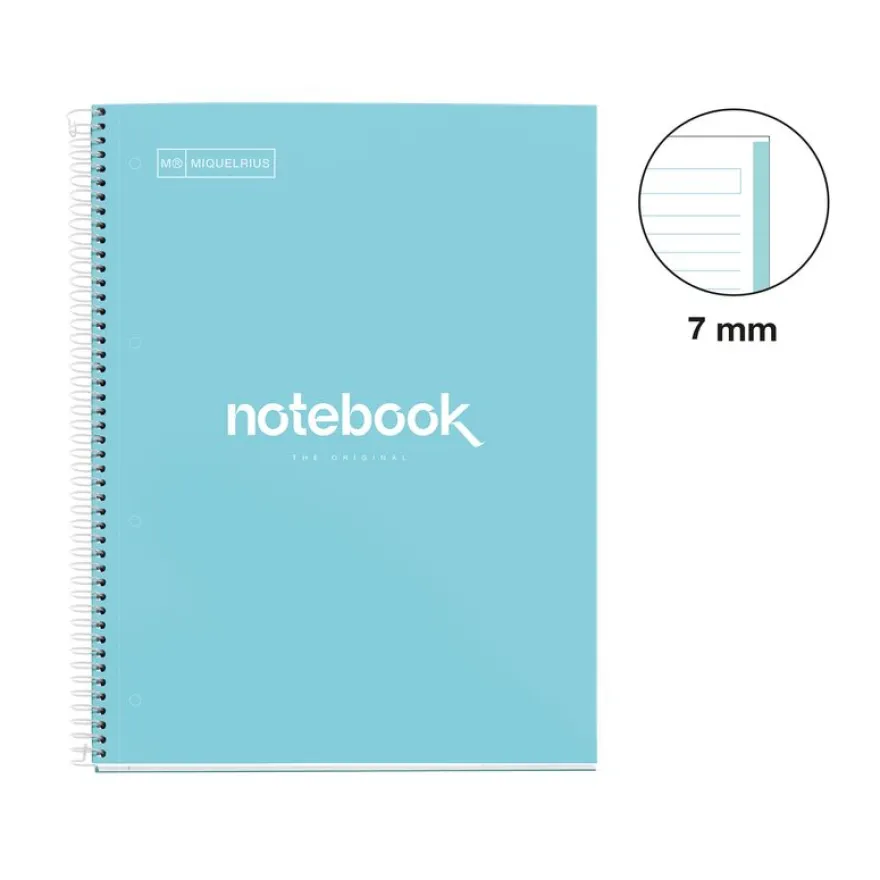 Notebook Emotions, Couverture rigide, A4, lignes horizontales 7 mm, 80 feuilles de 1 couleur, Miquelrius, Bleu Ciel.