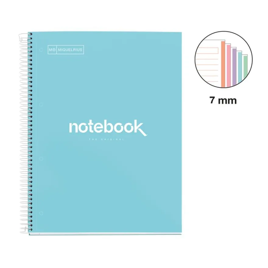 Notebook Emotions, Couverture rigide, A4, lignes horizontales 7 mm, 120 feuilles de 5 couleurs, Miquelrius, Bleu Ciel.