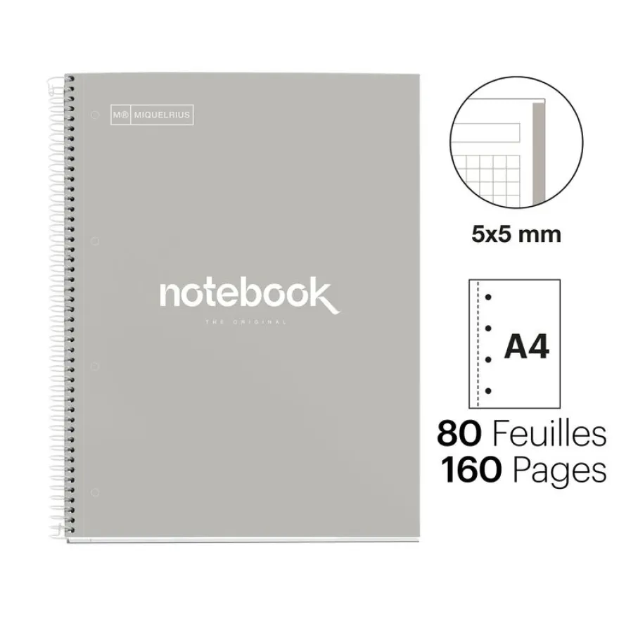 Notebook Emotions, Couverture rigide, A4, quadrillage 5x5 mm, 80 feuilles de 1 couleur, Miquelrius, Gris.