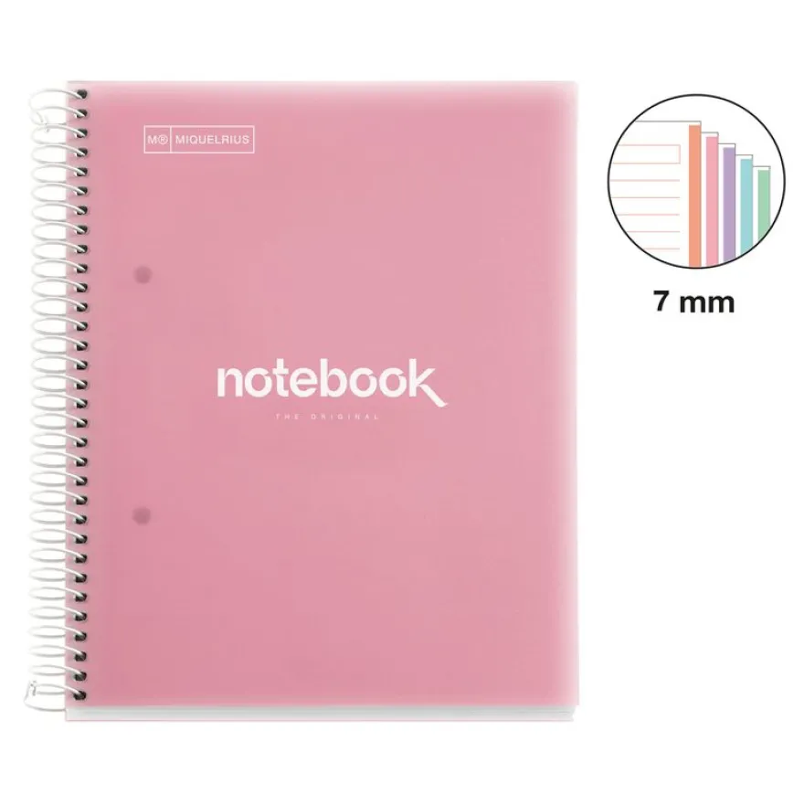 Notebook Emotions, Couverture souple, A5, lignes horizontales 7 mm, 120 feuilles de 5 couleurs, Miquelrius, Rose.