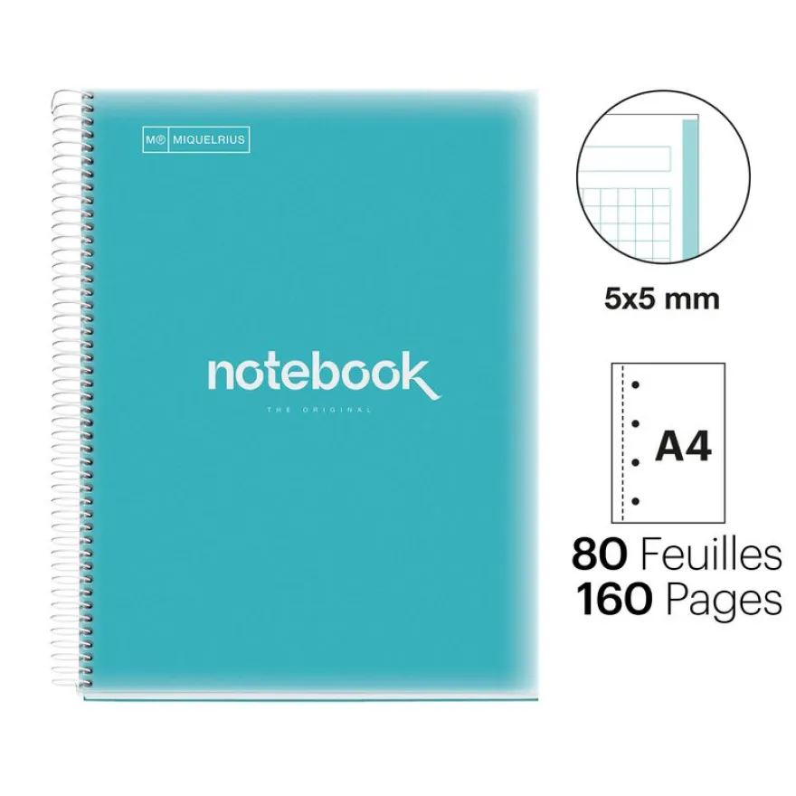 Notebook Emotions, Couverture souple, A4, quadrillage 5x5 mm, 80 feuilles de 1 couleur, Miquelrius, Bleu Ciel.