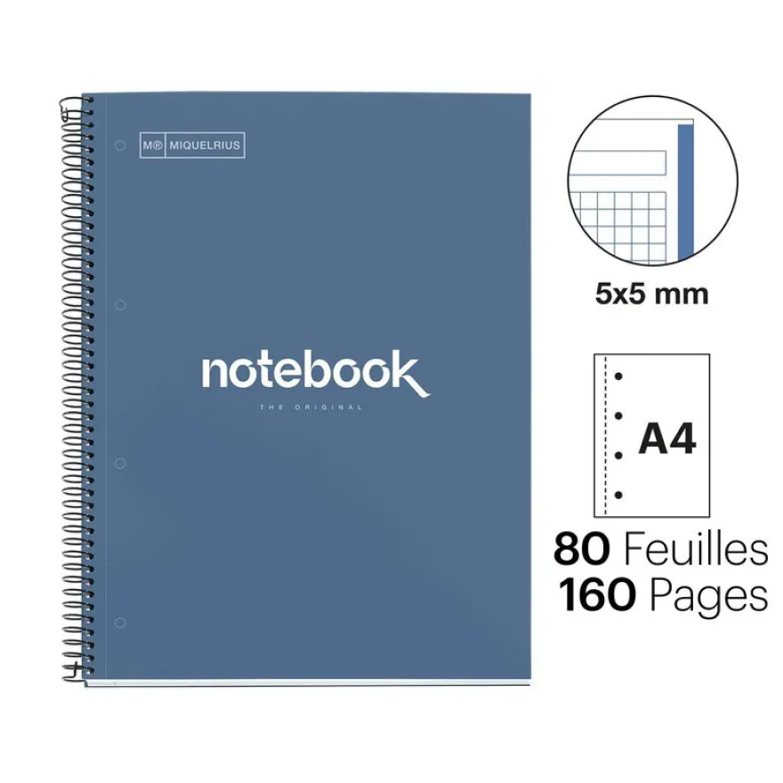 Notebook Emotions, Couverture rigide, A4, quadrillage 5x5 mm, 80 feuilles de 1 couleur, Miquelrius, Marine.