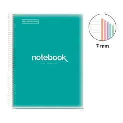 Notebook Emotions, Couverture souple, A4, lignes horizontales 7 mm, 120 feuilles de 5 couleurs, Miquelrius, Turquoise.