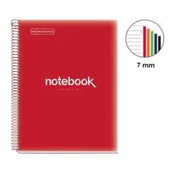 Notebook Emotions, Couverture souple, A4, lignes horizontales 7 mm, 120 feuilles de 5 couleurs, Miquelrius, Rouge.