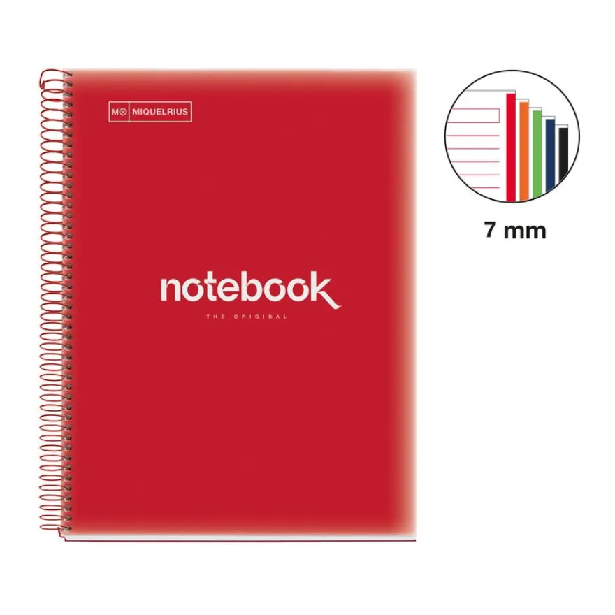 Notebook Emotions, Couverture souple, A4, lignes horizontales 7 mm, 120 feuilles de 5 couleurs, Miquelrius, Rouge.