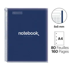 Notebook Emotions, Couverture souple, A4, quadrillage 5x5 mm, 80 feuilles de 1 couleur, Miquelrius, Bleu Marine.
