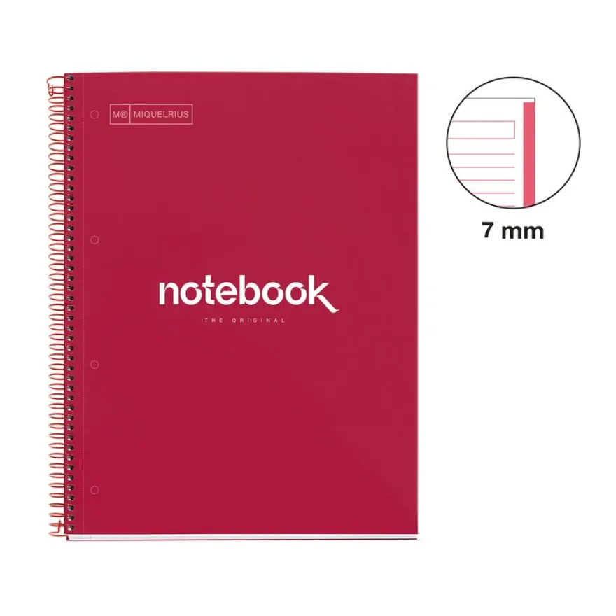 Notebook Emotions, Couverture rigide, A4, lignes horizontales 7 mm, 80 feuilles de 1 couleur, Miquelrius, Rouge.
