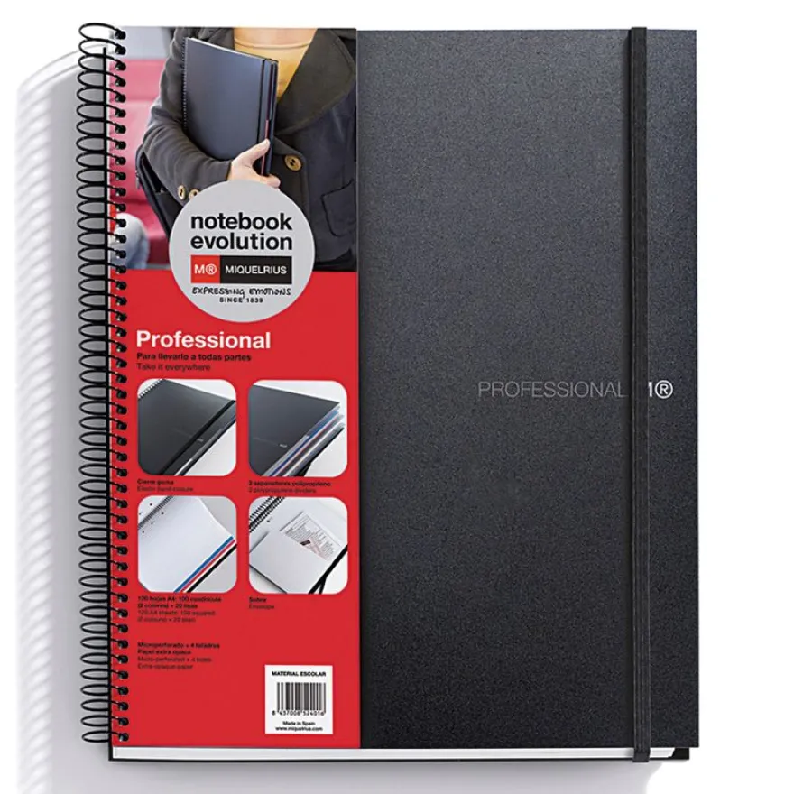 Notebook The Original, Couverture souple, A5, quadrillage 5x5 mm + Lisse, 120 feuilles de 2 couleurs, Miquelrius, Noir, Professionnel.