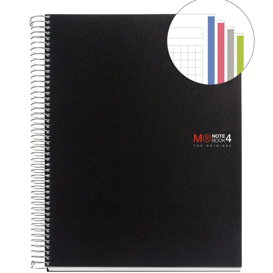 Notebook The Original, Couverture souple, A4, quadrillage 5x5 mm, 140 feuilles de 4 couleurs, Miquelrius, Noir.