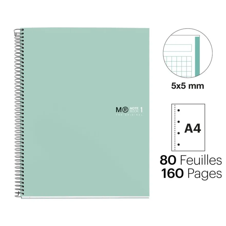 Notebook The Original, Couverture rigide, A4, quadrillage 5x5 mm, 80 feuilles de 1 couleur, Miquelrius, Aqua.