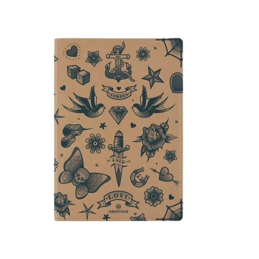 Oberthur - Cahier de notes - reliure cousue - A5 (148 x 210 mm) - 80 feuilles / 160 pages - ivoire - doublé - tattoo - synthétique