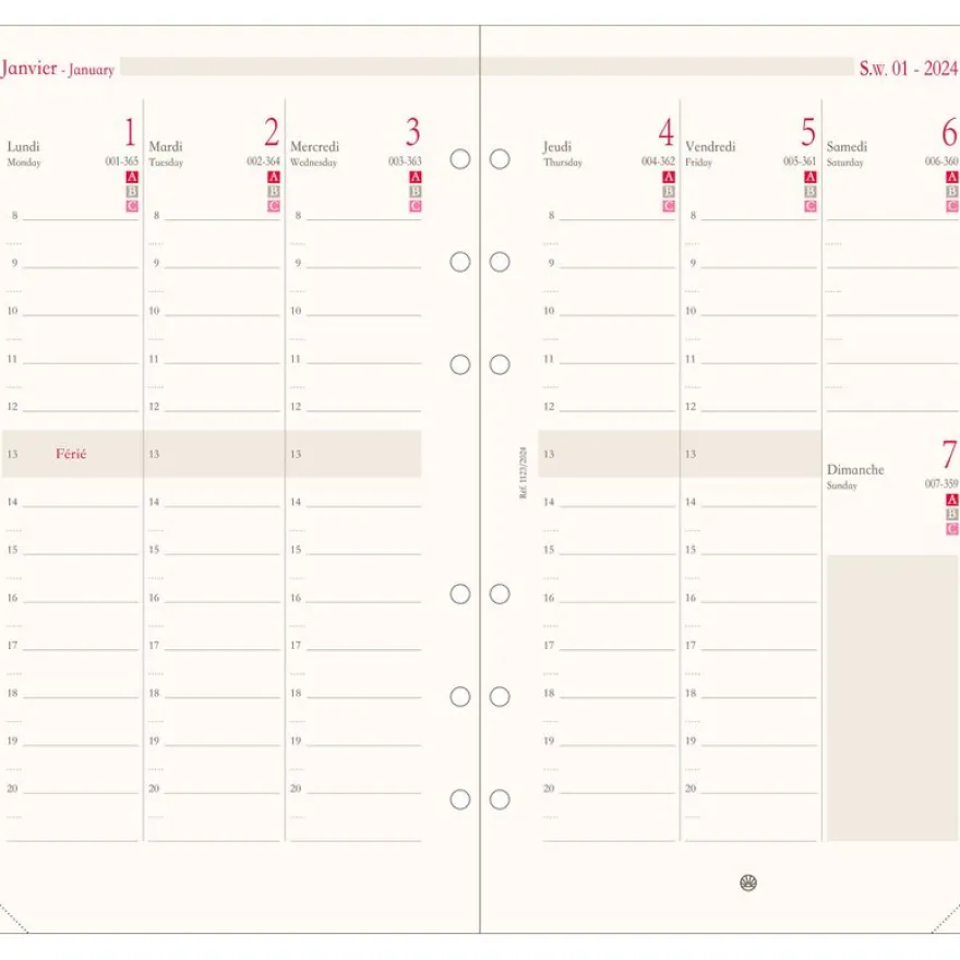 Oberthur - Recharge pour organiseur - 1 semaine sur 2 pages à la verticale - 9,5 x 19,5 cm