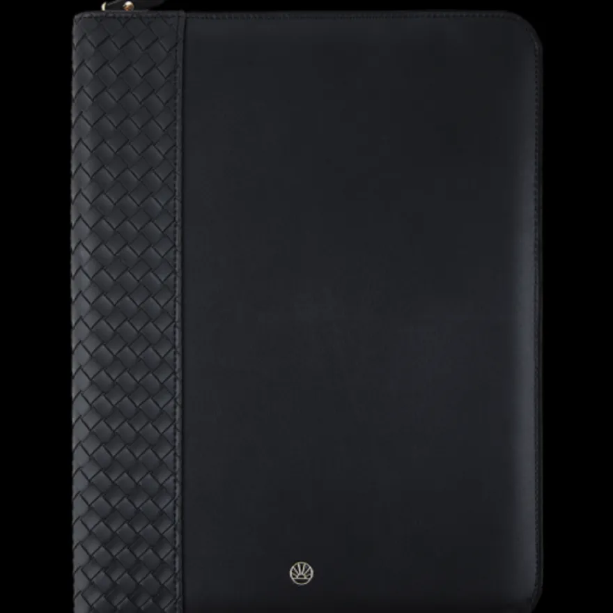 Oberthur Lisbonne - Conférencier A4 Zippé Noir – Élégant en Mix-Matière Tressé/Lisse avec Stylo Tactile et Bloc-Notes – Rangement Cartes