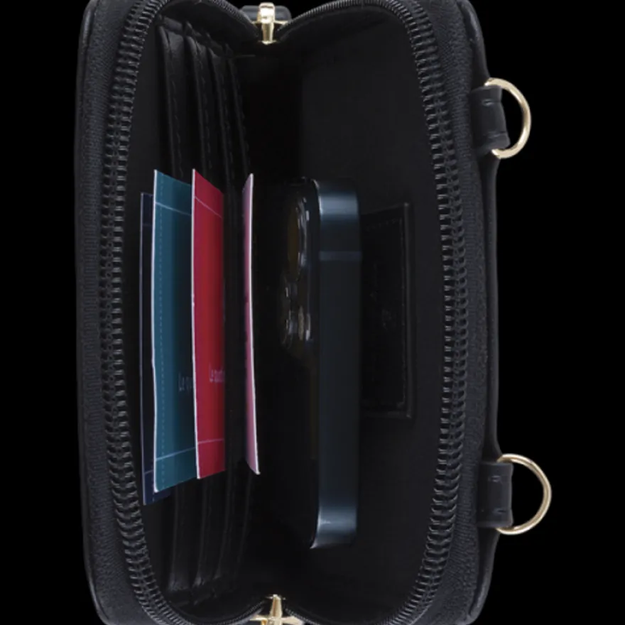 Oberthur Lisbonne - Sac Téléphone Noir – Petit Sac Bandoulière Élégant Mix-Matière, Porte-Monnaie Amovible, Range-Cartes Intégré