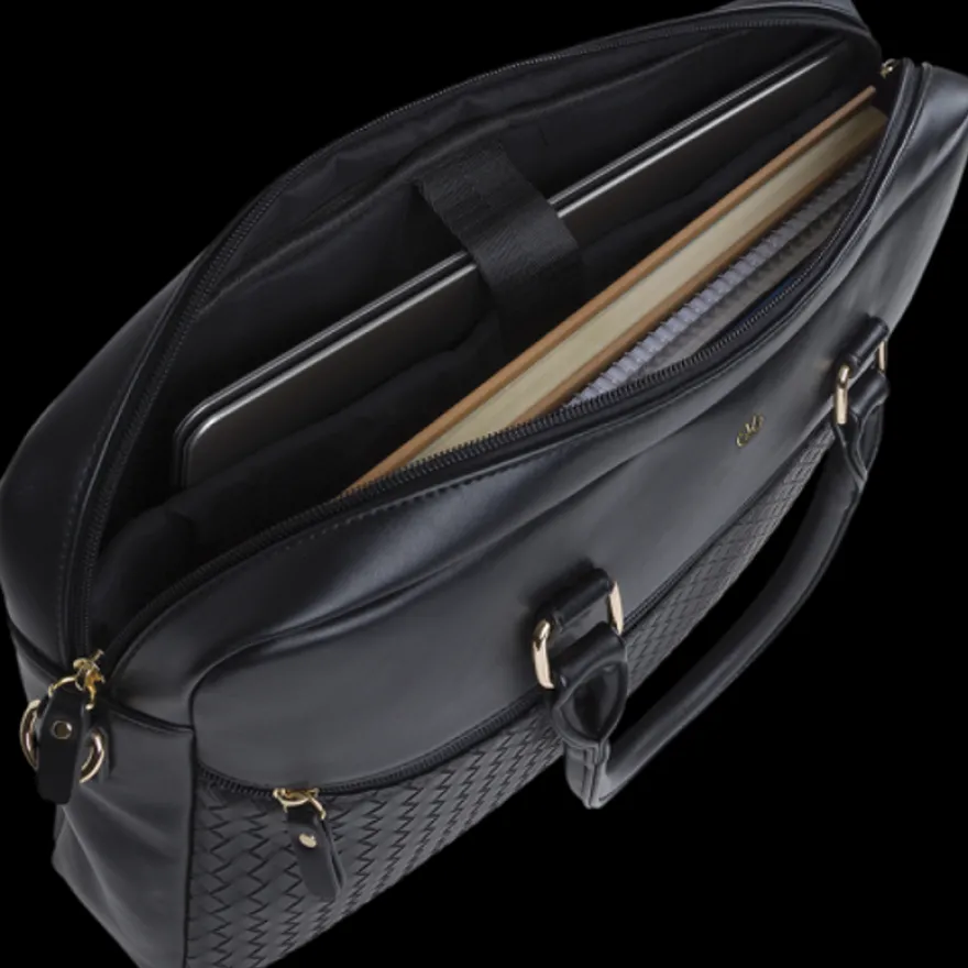 Oberthur Lisbonne - Sacoche Ordinateur 15,6'' Noir – Élégante et Fonctionnelle, Mix-Matière Tressé/Lisse, Sangle Trolley, Multiples Poches