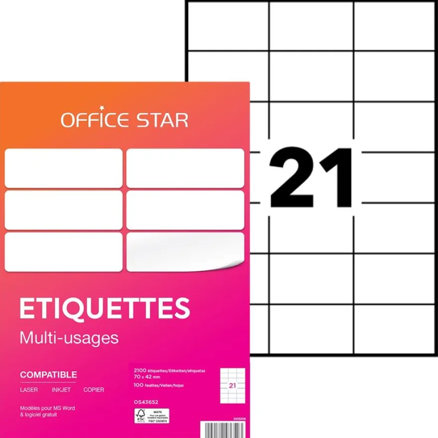 Office Star - 2100 Étiquettes multi-usages blanches - 70 x 42 mm - réf OS43652
