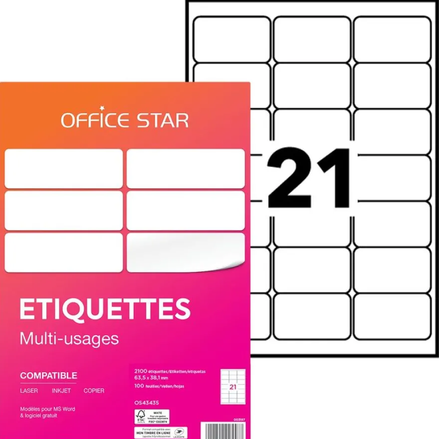 Office Star - 2100 Étiquettes multi-usages blanches - 63,5 x 38,1 mm - réf OS43435