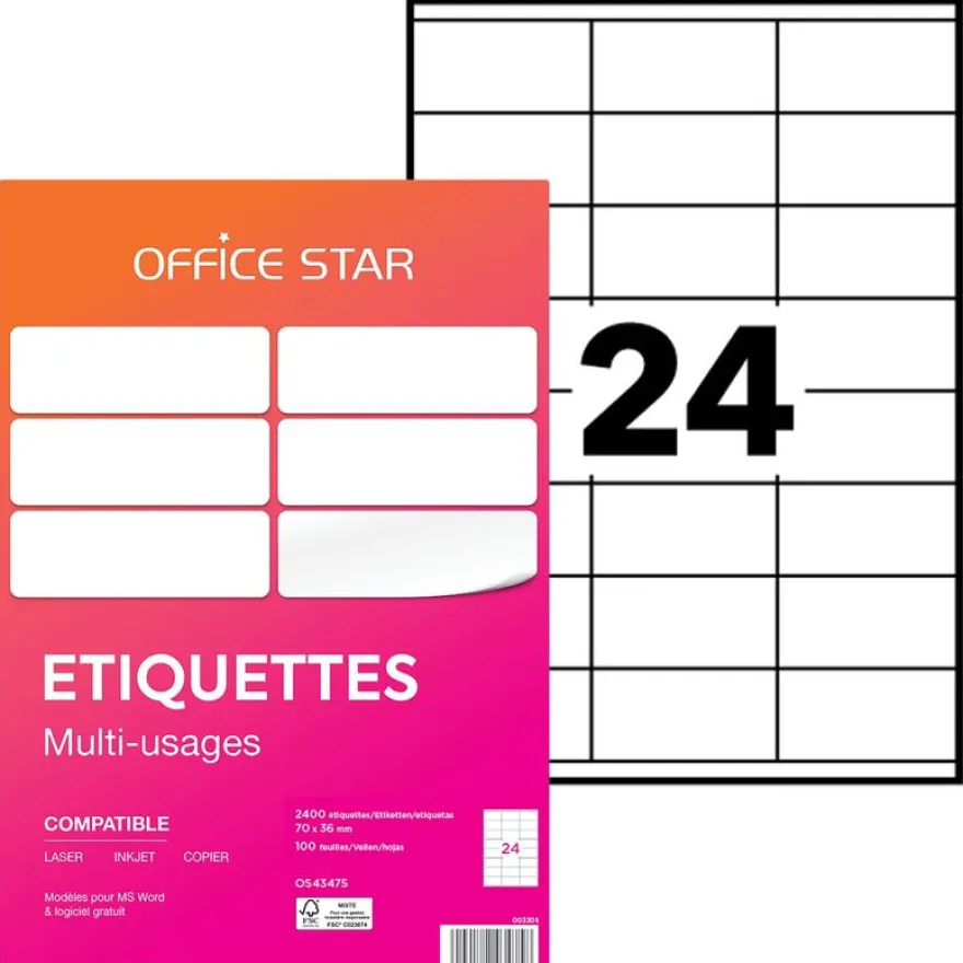 Office Star - 2400 Étiquettes multi-usages blanches - 70 x 36 mm - réf OS43475