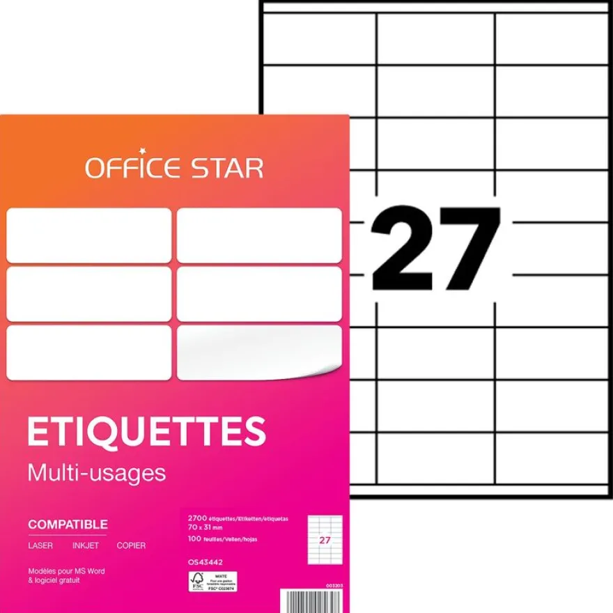 Office Star - 2700 Étiquettes multi-usages blanches - 71 x 31 mm - réf OS43442
