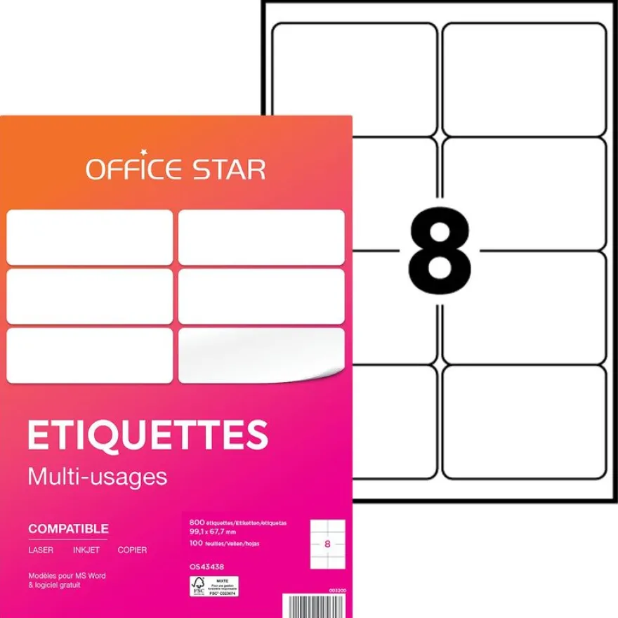 Office Star - 800 Étiquettes multi-usages blanches - 99,1 x 67,7 mm - réf OS43438