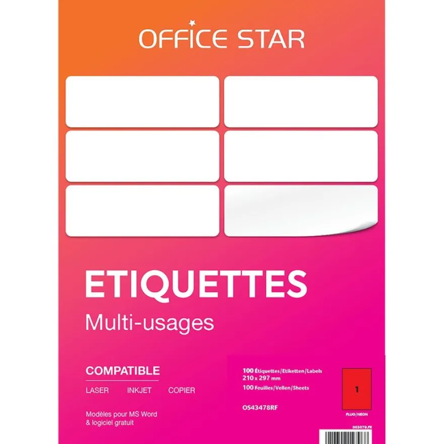 Office Star - 100 Étiquettes rouge fluo - 210 x 297 mm