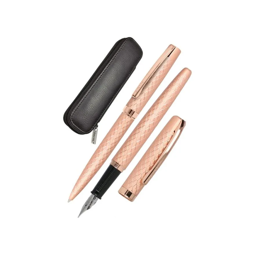 Online Eleganza Diamond - Parure de stylo à bille et stylo plume - rose doré - étui cuir