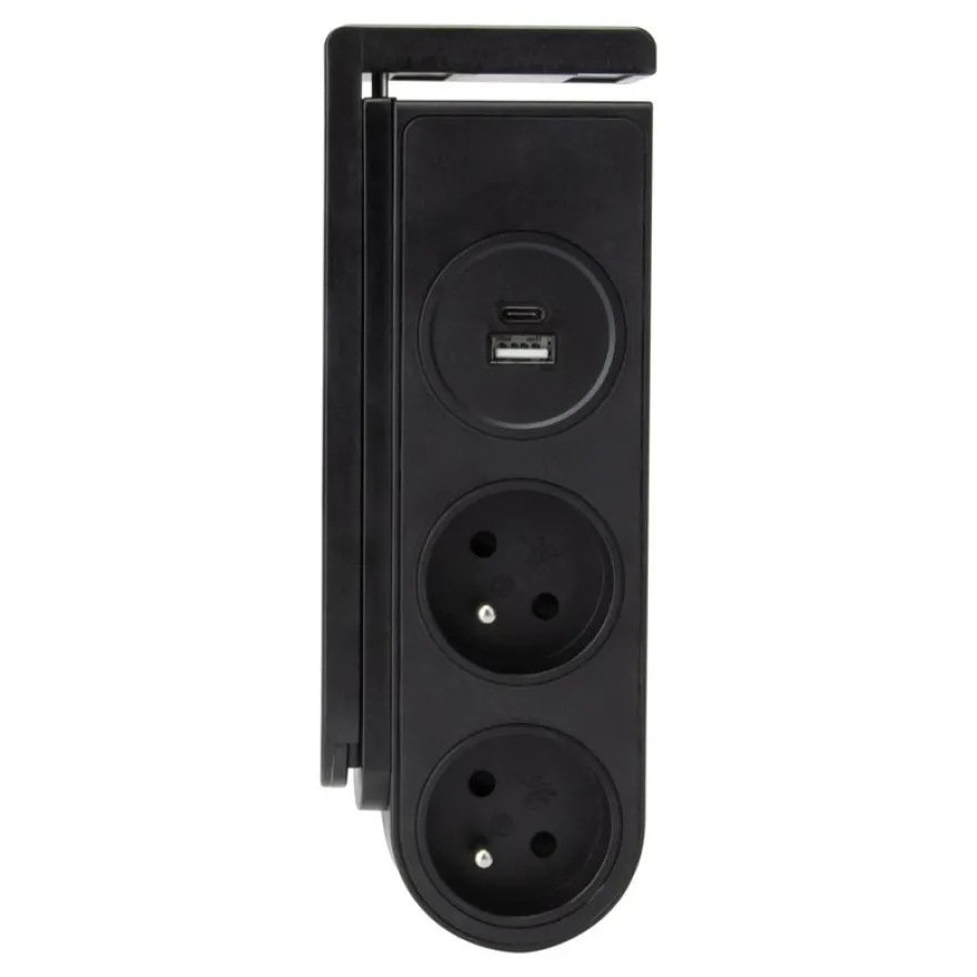 Otio - Multiprise clipsable - 2 prises + ports USB et USB-C - 1.5 m cordon - noir