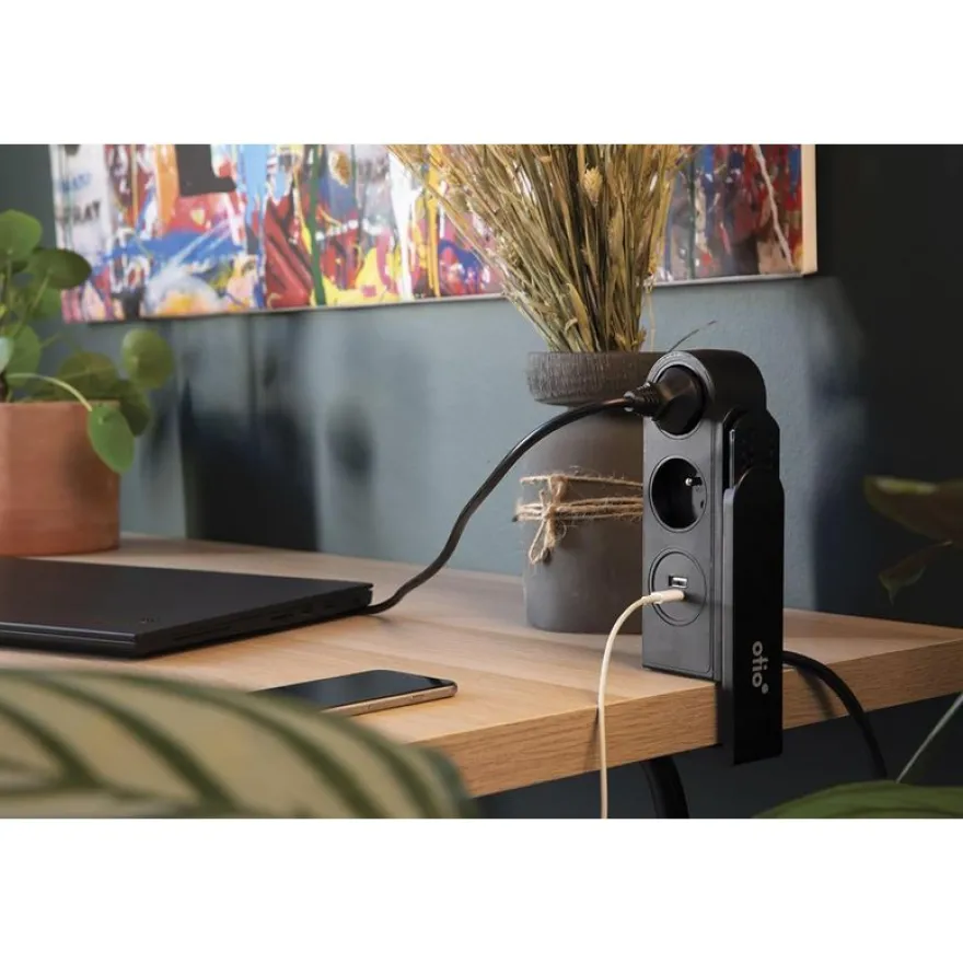 Otio - Multiprise clipsable - 2 prises + ports USB et USB-C - 1.5 m cordon - noir