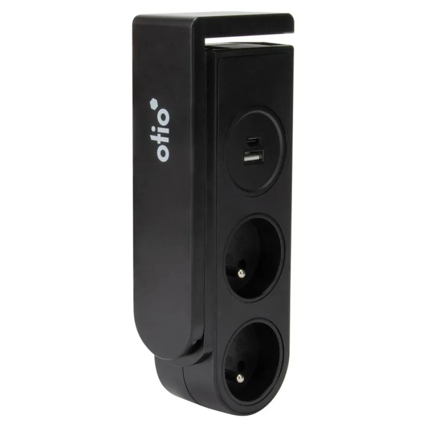 Otio - Multiprise clipsable - 2 prises + ports USB et USB-C - 1.5 m cordon - noir