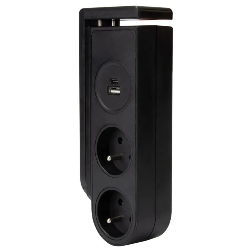 Otio - Multiprise clipsable - 2 prises + ports USB et USB-C - 1.5 m cordon - noir