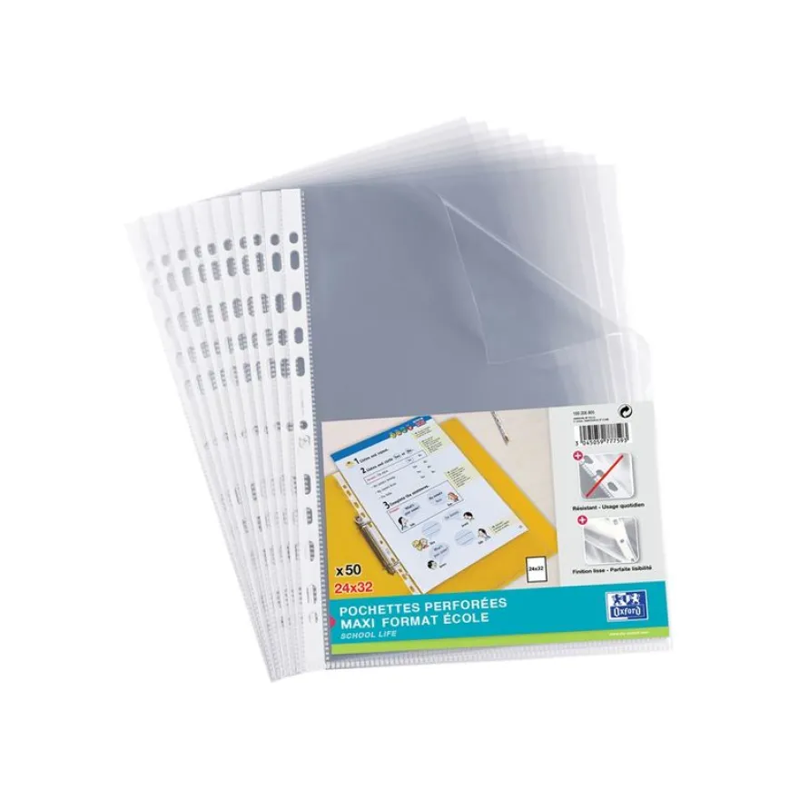 Oxford - 50 Pochettes perforées - 24 x 32 cm - lisse - pour 25 feuilles - 6/100