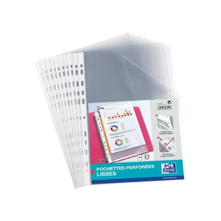 Oxford - 50 Pochettes perforées - A4 - lisse - pour 25 feuilles - 5/100