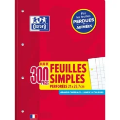 Oxford - Bloc de cours - feuilles simples détachables A4 - 300 pages - grands carreaux (Seyes) - perforées