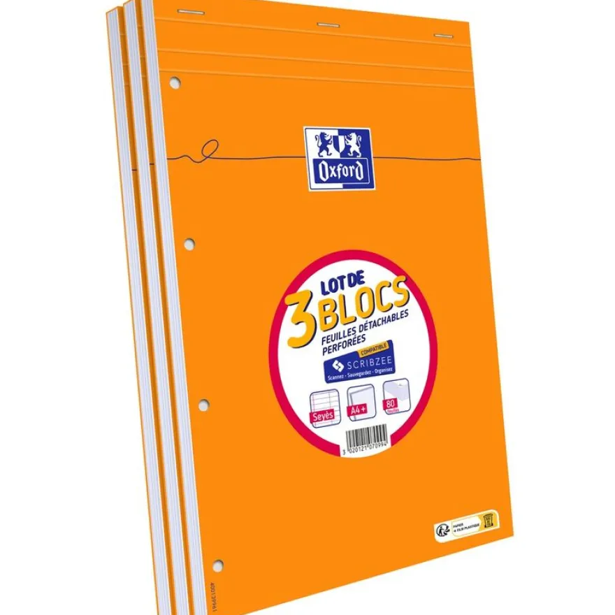 Oxford - Pack de 3 Blocs notes - A4 + - 160 pages - grands carreaux - perforés