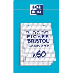 Oxford - Pack de 60 Fiches Bristol - 12,5 x 20 cm - petits carreaux - perforées - blanc