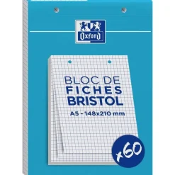Oxford - Pack de 60 Fiches Bristol - A5 - petits carreaux - perforées - blanc