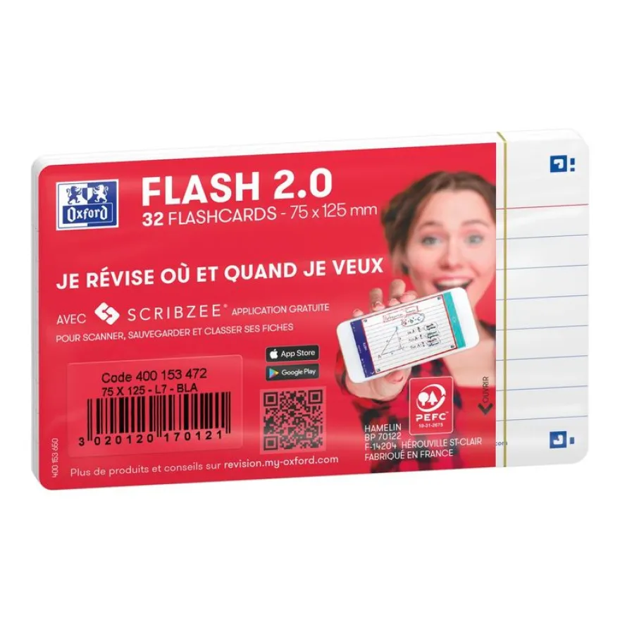 Oxford FLASH 2.0 - Pack de 32 cartes - A7 - ligné - blanc