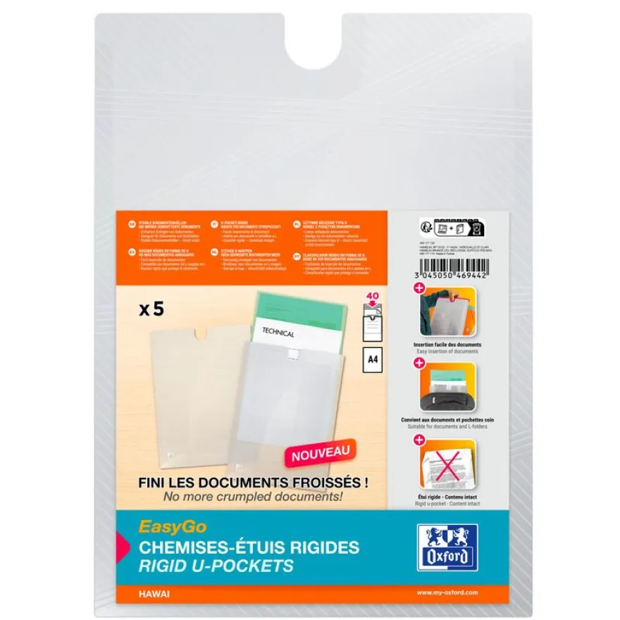 Oxford Hawai - 5 chemises étui Easy Go - A4 - Polyprolylène - Capacité de 40 feuilles - incolore