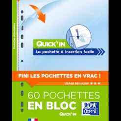 Oxford Quick'In - Bloc de 60 pochettes perforées - A4 - lisse - pour 25 feuilles
