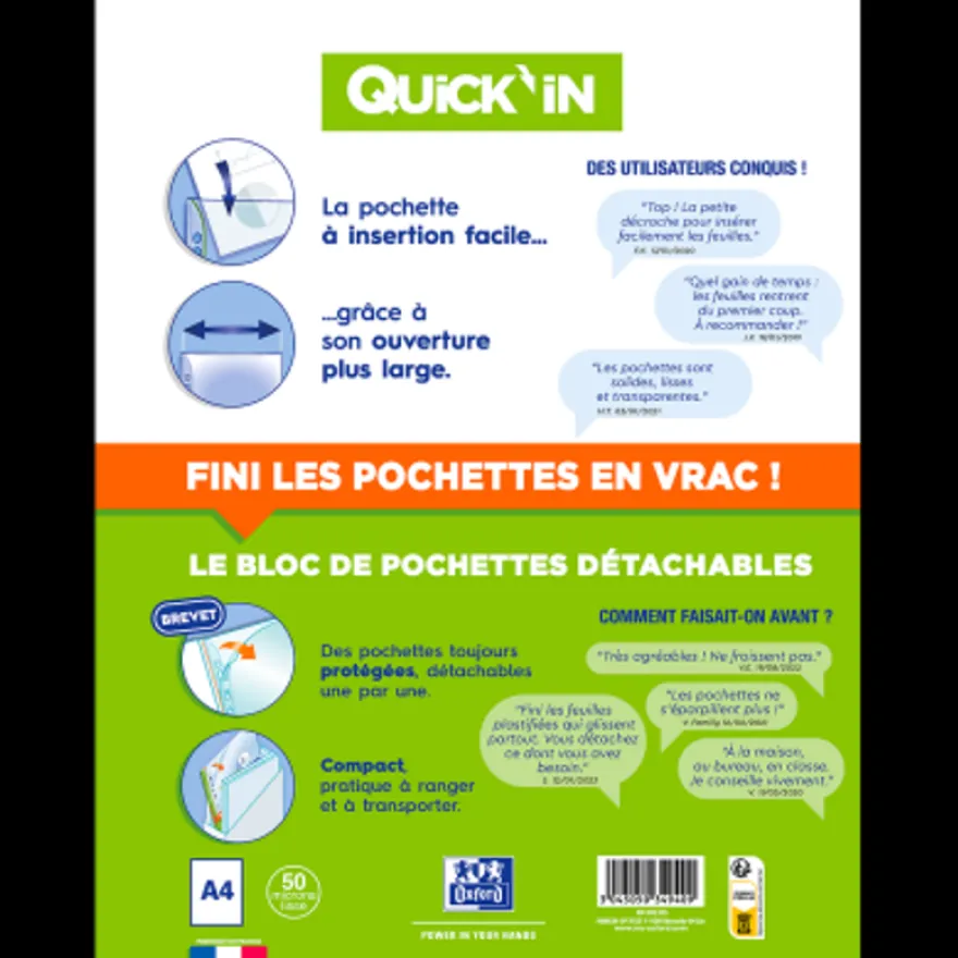 Oxford Quick'In - Bloc de 60 pochettes perforées - A4 - lisse - pour 25 feuilles