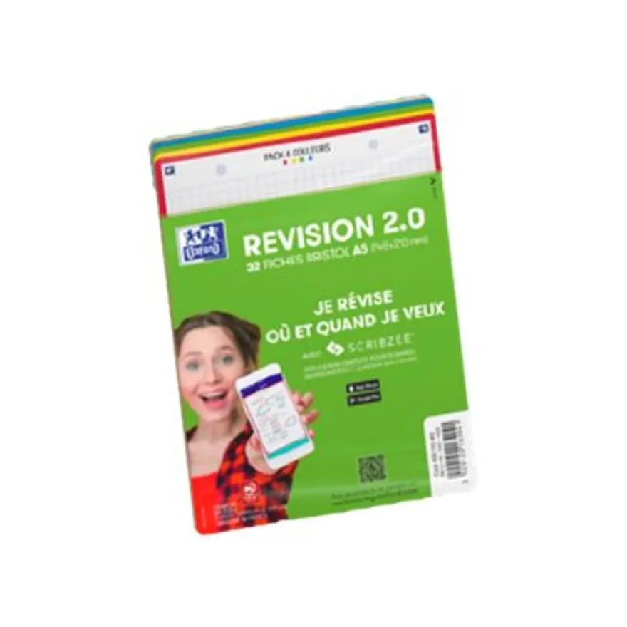 Oxford REVISION 2.0 - Pack de 32 Fiches Bristol Scribzee - 14,8 x 21 cm - petits carreaux - perforées - couleurs assorties