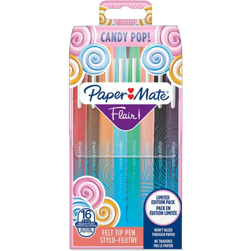 Paper Mate Flair Candy Pop - Pack de 16 feutres pointe moyenne - couleurs assorties