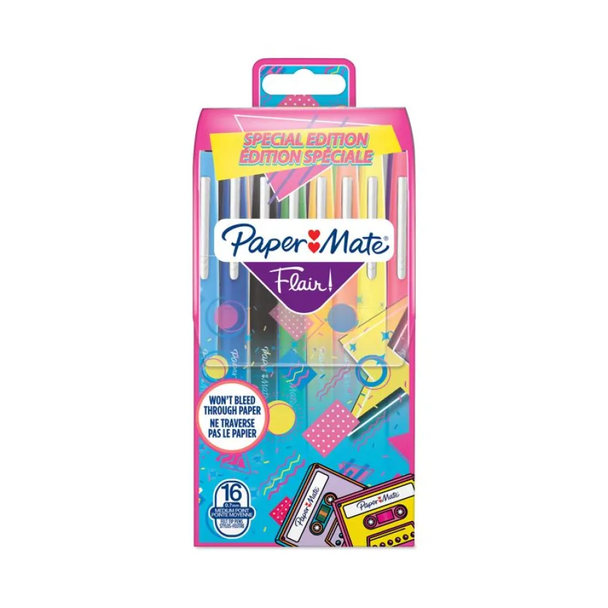 Paper Mate Flair Retro Wave - Pack de 16 feutres pointe moyenne - couleurs assorties - différents modèles disponibles